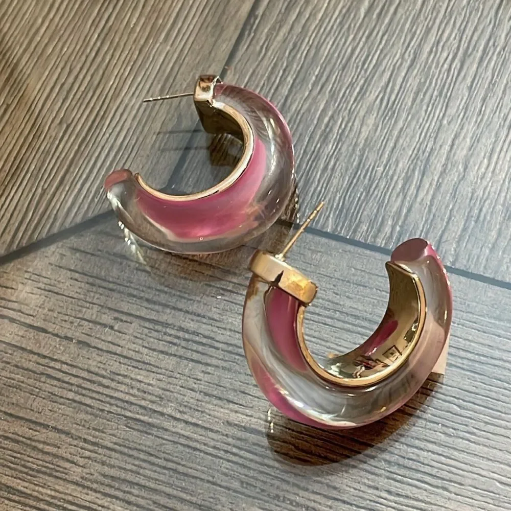 Anthropologie Chunky Resin Hoop Earrings Chic Silver-tone & Purple Lucite Hoop